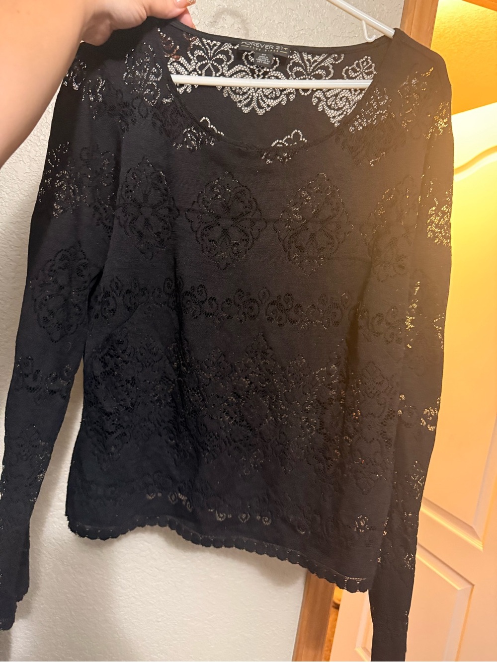 Forever 21 Black Lace Long Sleeve Scoop Neck Top